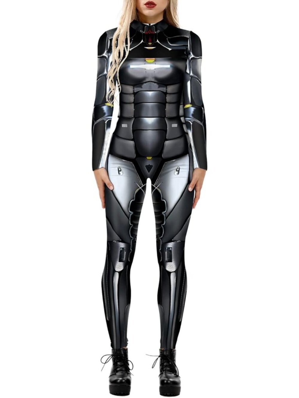 Women's Silver Black Sci Fi Skeleton Bodycon Jumpsuit Full Body Unitard Rave